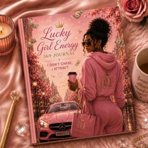 May include: A pink journal titled "Lucky Girl Energy 369 Journal" with the text "I don't chase, I attract." The journal features an illustration of a woman in a pink tracksuit, holding a coffee cup and a pink tote bag. A pink car is also visible.