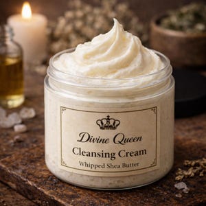May include: A jar of Divine Queen Cleansing Cream with whipped shea butter. The cream is white and swirled on top of the jar. The label has a crown and the words "Divine Queen Cleansing Cream".
