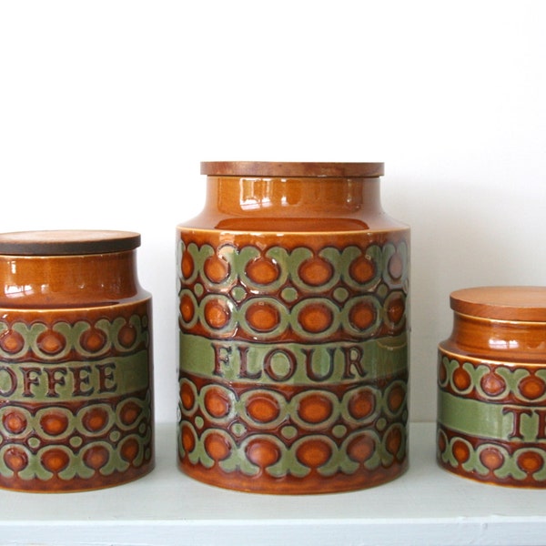 Trio of Vintage Hornsea Storage Canisters in the 1978 Bronte Design