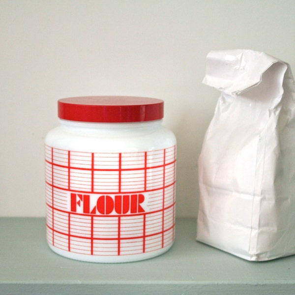 20% OFF Marked Price - Vintage Milk Glass Flour Canister in Retro Red and White