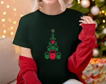 Christmas Kettlebell Tree Tee Shirt, Unisex Fitness Tshirt, Workout Holiday Top, Gym Exercise Apparel, Weightlifting Clothing