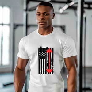 Distressed American Flag T-Shirt, Patriotic Tee Shirt, USA Flag Graphic Top, Red Barbell Design Tee, Fourth of July Apparel