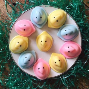 Marshmallow Easter Chick Soaps, Easter peep inspired gift set, bunny plush, Unique Pastel basket stuffer, cute Food Soap, Shower party Favor