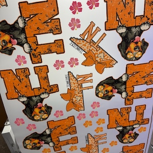 K&ouml;nnte beinhalten: Wei&szlig;es bedrucktes Blatt mit orangefarbenen "TN"-Buchstaben mit einem Used-Look, einem Cartoon-Hund und rosa und orangefarbenen floralen Akzenten. Das Wort "Tennessee" ist ebenfalls aufgedruckt.