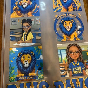 K&ouml;nnte beinhalten: Ein Bogen mit farbenfrohen Aufklebern zum Thema Schule mit Cartoon-L&ouml;wen und Sch&uuml;lern. Die L&ouml;wen haben blaue und gelbe M&auml;hnen, und die Sch&uuml;ler tragen Brillen und gelbe Hemden. Der Text "Lister Lions" und "Lister Rocks" ist sichtbar.