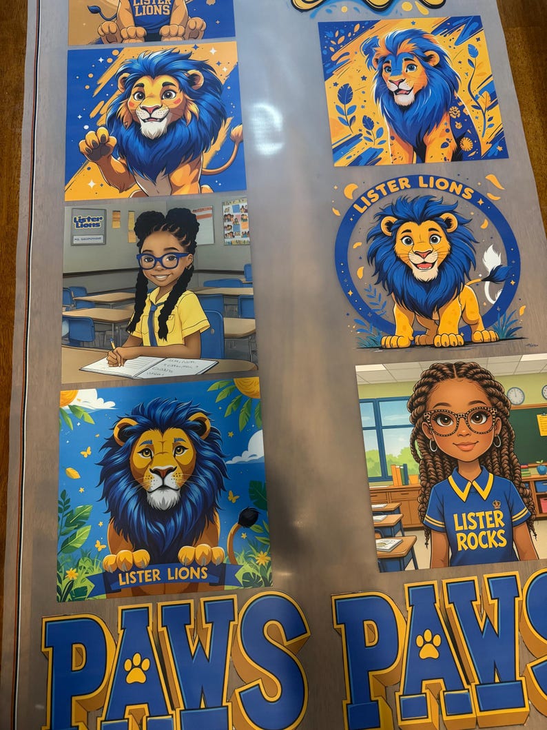 K&ouml;nnte beinhalten: Ein Bogen mit farbenfrohen Aufklebern zum Thema Schule mit Cartoon-L&ouml;wen und Sch&uuml;lern. Die L&ouml;wen haben blaue und gelbe M&auml;hnen, und die Sch&uuml;ler tragen Brillen und gelbe Hemden. Der Text "Lister Lions" und "Lister Rocks" ist sichtbar.
