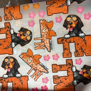K&ouml;nnte beinhalten: Ein Bogen mit Aufklebern mit den Buchstaben "TN" in Orange mit einem Used-Look und Bildern eines Hundes mit Sonnenbrille. Die Aufkleber enthalten auch den Bundesstaat Tennessee mit einer orangefarbenen Schleife und Hibiskusbl&uuml;ten.