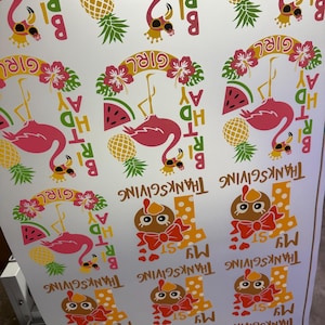 K&ouml;nnte beinhalten: Bogen mit Aufklebern mit rosa Flamingos, Ananas und Wassermelonenscheiben. Der Text enth&auml;lt "BIRTHDAY GIRL" und "MY 1ST THANKSGIVING". Die Aufkleber sind in Rosa, Gelb, Gr&uuml;n und Orange gehalten.
