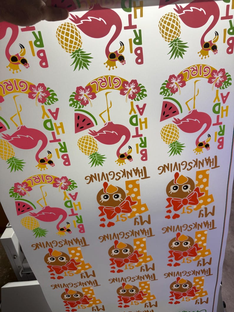 K&ouml;nnte beinhalten: Bogen mit Aufklebern mit rosa Flamingos, Ananas und Wassermelonenscheiben. Der Text enth&auml;lt "BIRTHDAY GIRL" und "MY 1ST THANKSGIVING". Die Aufkleber sind in Rosa, Gelb, Gr&uuml;n und Orange gehalten.