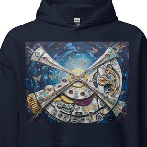 May include: Navy blue hoodie featuring a detailed, colorful painting of a watch mechanism. The artwork includes gears, springs, and other components, set against a dark blue background with butterflies. The hoodie has a drawstring hood and a front pocket.