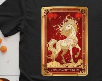 2026年 旧正月 馬Tシャツ、赤と金の旧正月グラフィックTシャツ