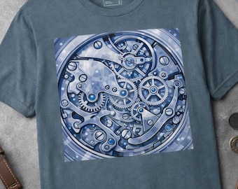 Chemise bleue avec mouvement de montre - T-shirt avec engrenages et cadran squelette - T-shirt graphique pour montre de luxe
