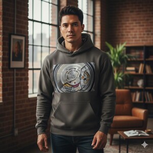 May include: A gray hoodie with a large pocket and a close-up image of a watch mechanism on the front. The watch mechanism features silver, gold, and red components. The hoodie is worn by a person.