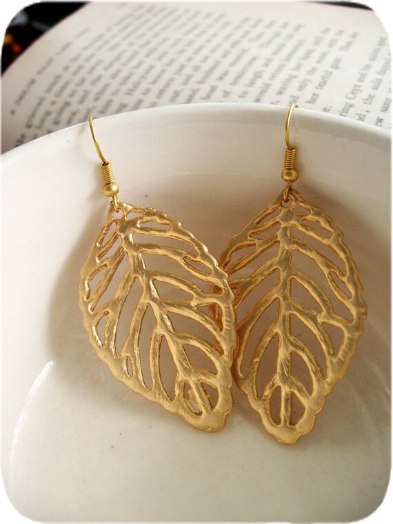 Ornate Golden Leaf Earrings Etsy