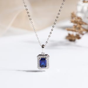 Sapphire necklace with diamond baguette, 18K White Gold Plated,Luxury Sapphire Necklace, birthday gifts, gift idea for her, wedding gifts