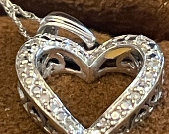 Vintage 10K White Gold Diamond Heart Pendant with Gold Chain