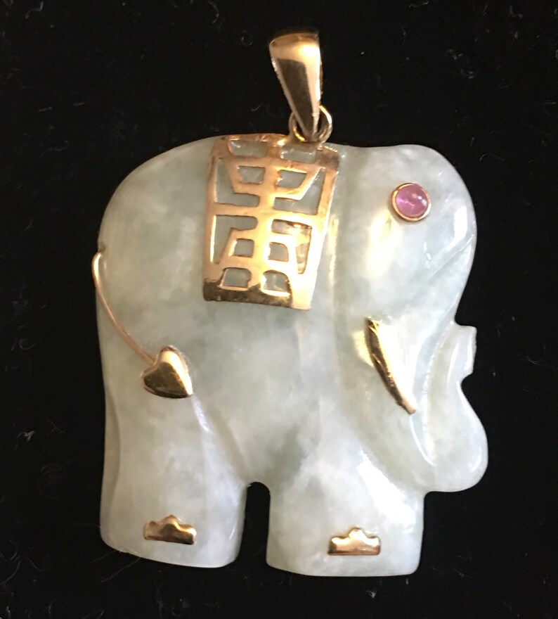 Green Jade Sculptured Elephant pendant with 14K yellow gold accents and amethyst eye VJSE