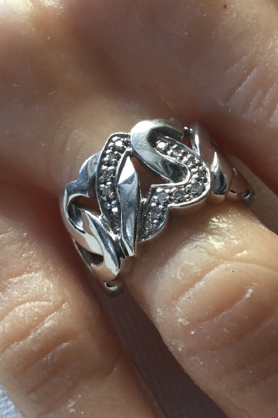 Diamond interlocking sterling silver heart ring   