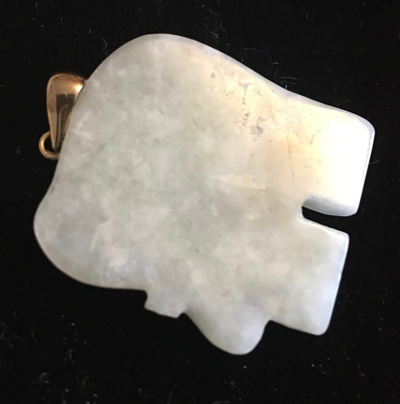 Green Jade Sculptured Elephant pendant with 14K yellow gold accents and amethyst eye VJSE