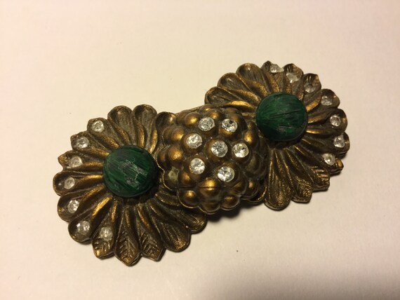 Vintage Gold and green celluloid  and rhinestone … - image 1