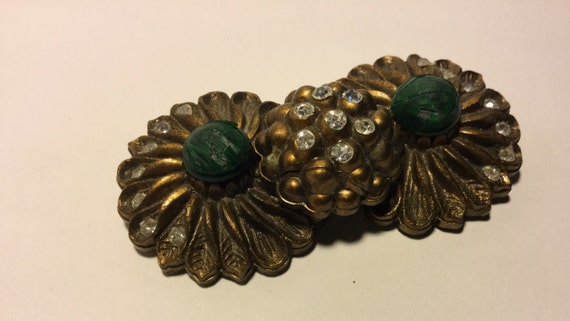 Vintage Gold and green celluloid  and rhinestone … - image 2