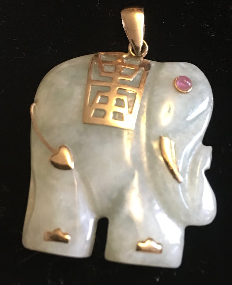 Green Jade Sculptured Elephant pendant with 14K yellow gold accents and amethyst eye VJSE