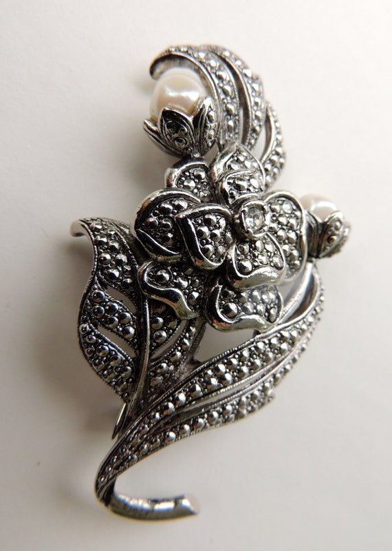 Marcasite, pearl and rhinestone floral brooch by K