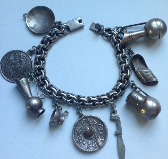 Vintage Mexican Sterling Charm bracelet signed V