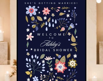 Letrero de bienvenida personalizado para despedida de soltera, flores azul marino (archivo digital)