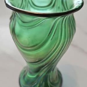 Loetz Green Iridescent Glass Vase w/ Hanging Drapes Design Antique Rare
