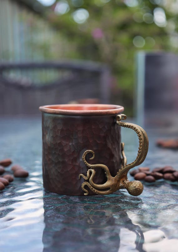 Handcrafted Copper Mug with Octopus Design, 6 or 12 oz, Hammered Finish