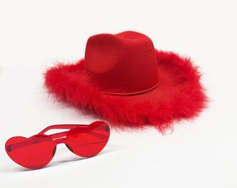 Red Cowboy Hat with Heart shaped Sunglass,Felt Cowgirl Hat with Feathers for Women, Novelty Accessories Bachelorette Party Halloween Costume