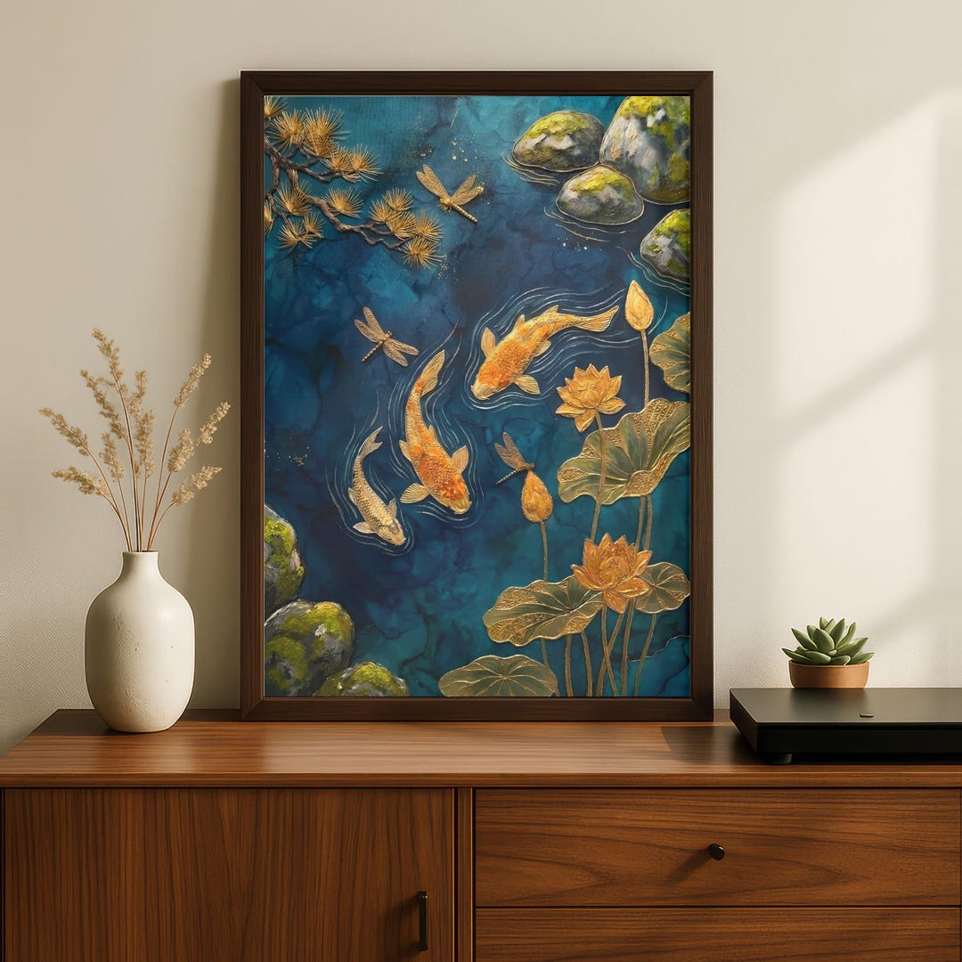 Elegant Koi Fish Wall Art – Teal Blue Green Pond Decor, Asian Zen ...