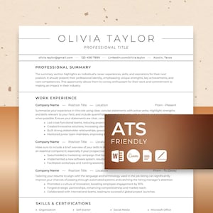 Może przedstawiać: Szablon CV z imieniem "OLIVIA TAYLOR" na górze. CV zawiera sekcje dotyczące podsumowania zawodowego, doświadczenia zawodowego oraz umiejętności. Brązowy baner z napisem "ATS FRIENDLY" i ikonami znajduje się w prawym dolnym rogu.