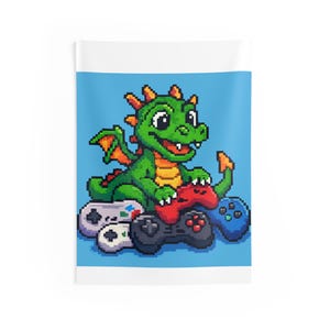 Pixel Dragon Video Game Wall Tapestry, Gamer Decor, Indoor Tapestry, Retro Gaming Wall Art, Fantasy Room Decor
