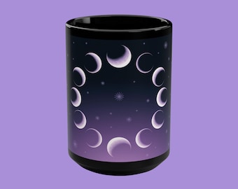 Moon Phases Coffee Mug | Black Ceramic Lunar Cycle Cup