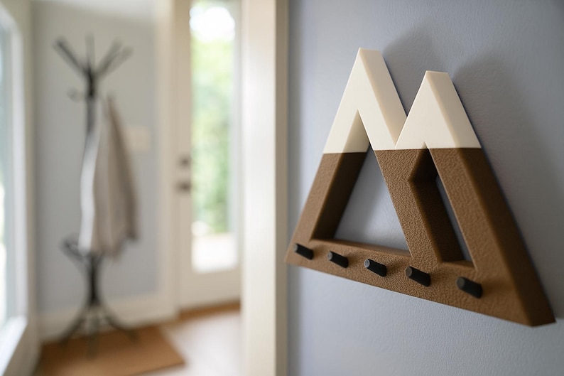 Brown and white Mountain key holder up close on a blue-gray wall, a metal coat tree and glass front door blurred behind