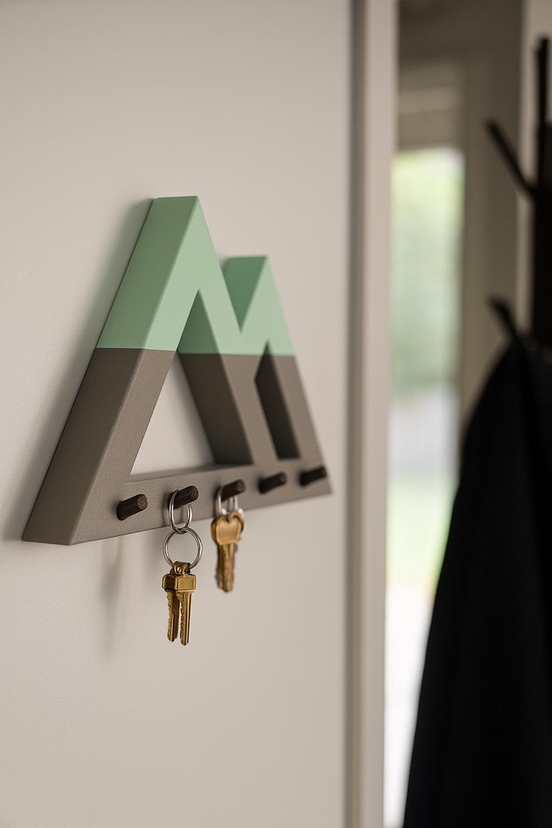 Gray and green Mountain key holder seen from the side with brass keys on two pegs, a dark coat on a rack blurred behind