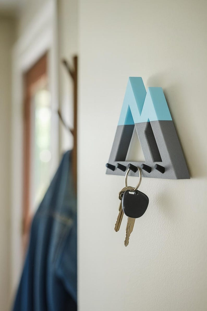 Side view of the gray and teal Mountain key holder with keys on the middle peg, a denim jacket on a coat rack behind