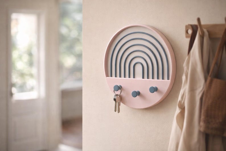 Pink and blue Boho key holder with keys on its left peg in an entryway, bags on a wooden peg rail and a glass-paned door