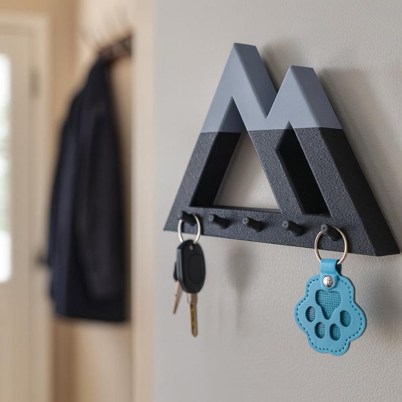 Black and gray Mountain key holder up close from the side, holding a car key and a blue paw-print fob, a coat behind