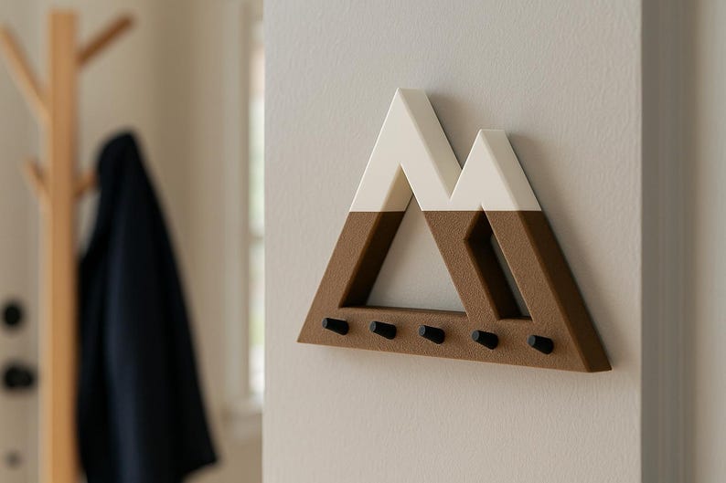 Brown and white Mountain key holder on an off-white wall, a wooden coat tree holding a navy coat blurred at left