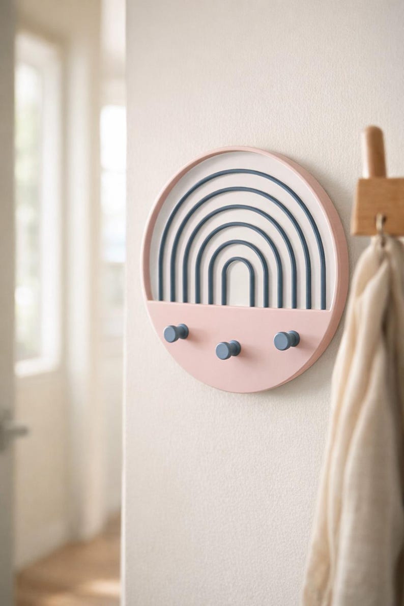 Pink Boho key holder with blue arches and empty pegs on a cream wall, a cream towel on a wooden peg hook beside it