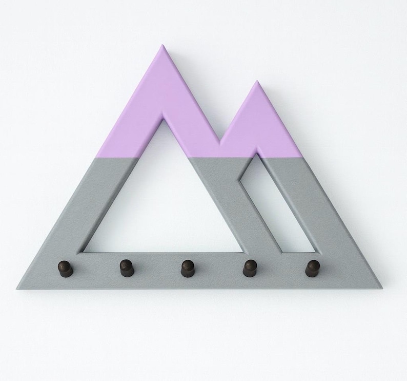 Gray and purple Mountain key holder in a straight-on product shot on a plain white background, five dark pegs