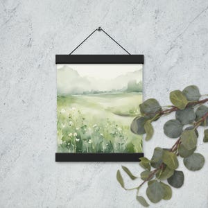 Flower Field Watercolor Print: Green Hill Landscape, Baltic Wood Hanger