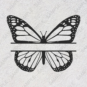 May include: Black and white butterfly design with open wings, featuring intricate vein patterns and a dotted border. A horizontal bar bisects the butterfly, creating space for text or personalization. The image is a graphic illustration.