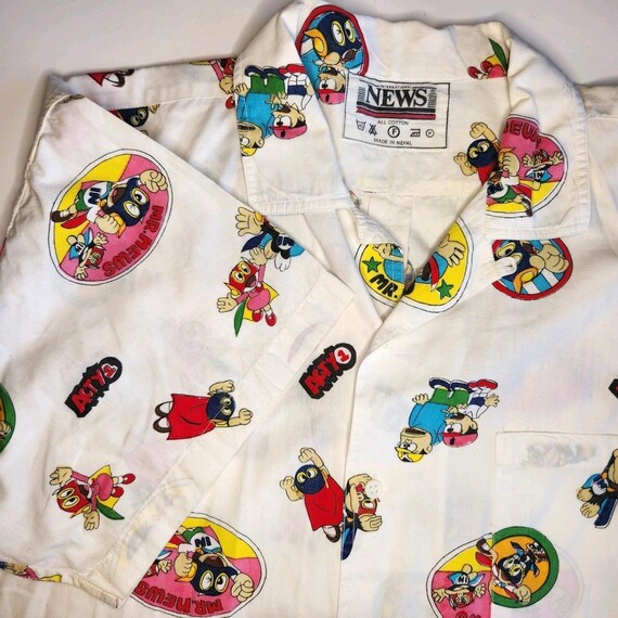 VTG 80s International News Mr News Comic Superhero Shirt Mens XL Button Up