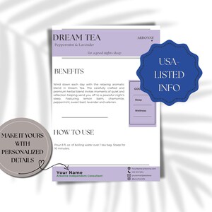 May include: A product information sheet for Dream Tea, with peppermint and lavender. The sheet details the product's benefits and instructions. A blue USA-LISTED INFO seal is visible. Measurements are in fluid ounces.