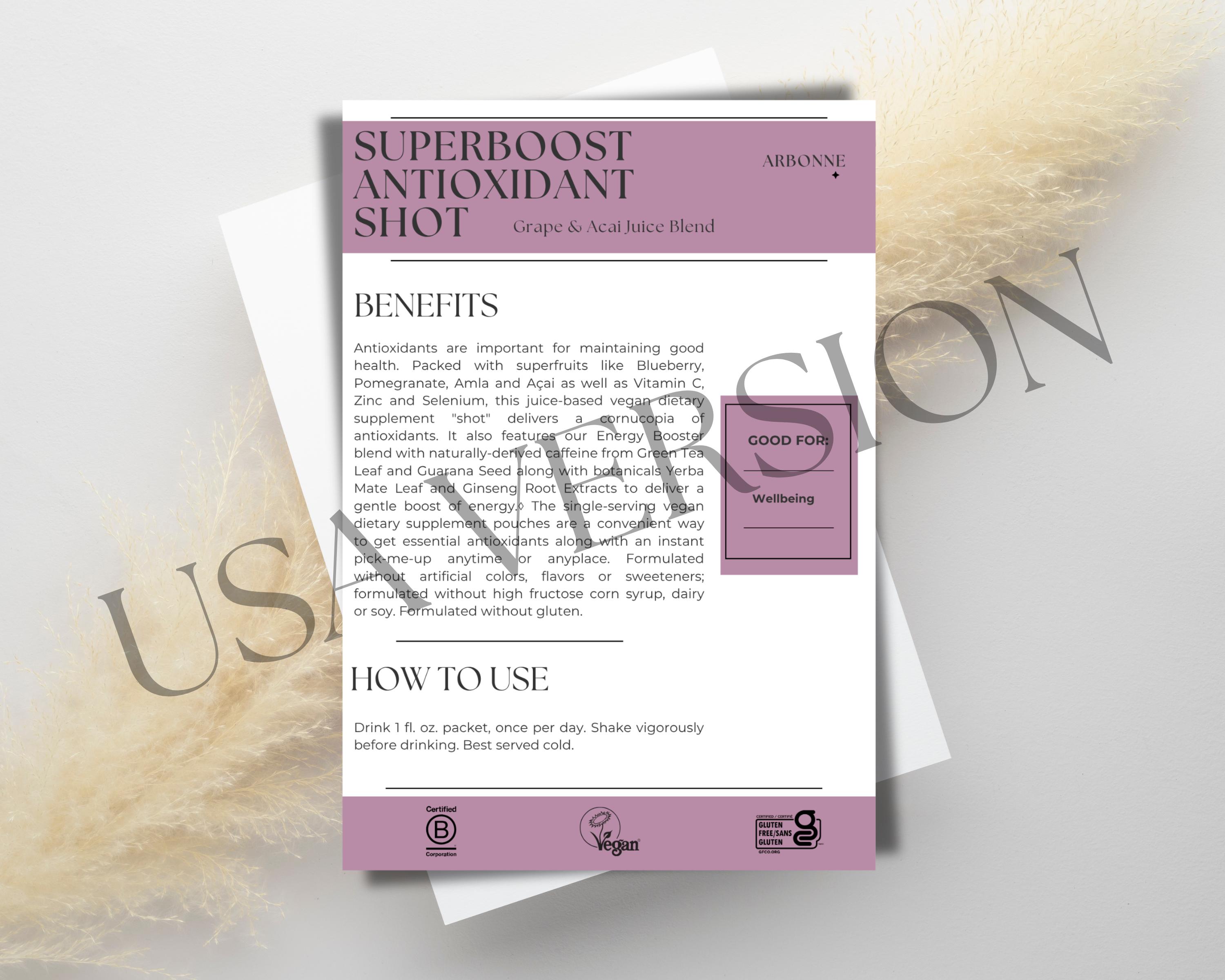 Arbonne SuperBoost Antioxidant Shot Beispielkarte – USA x