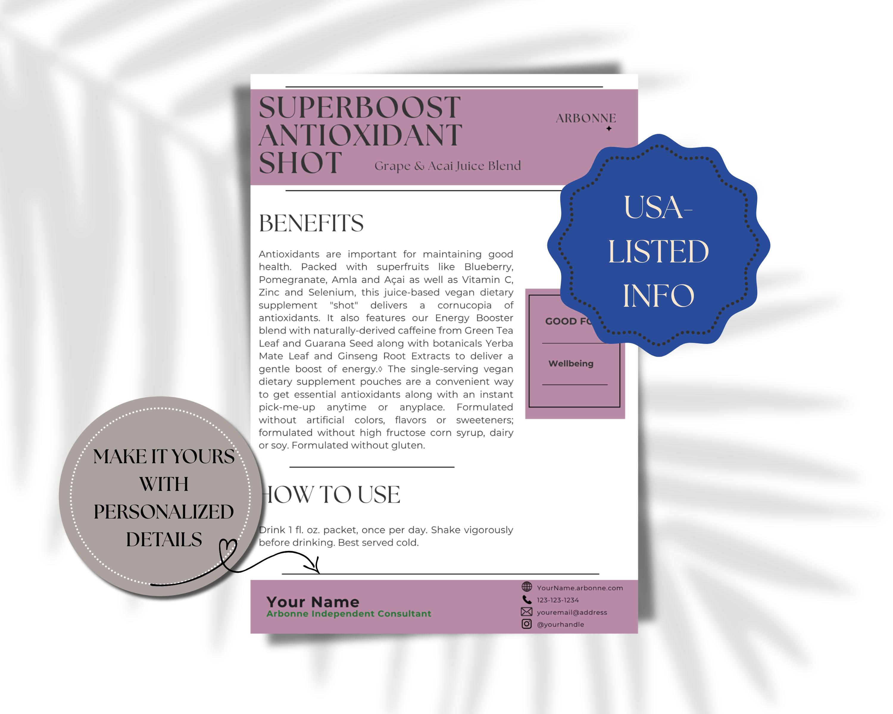 Arbonne Superboost Antioxidant Shot Sample Card – USA